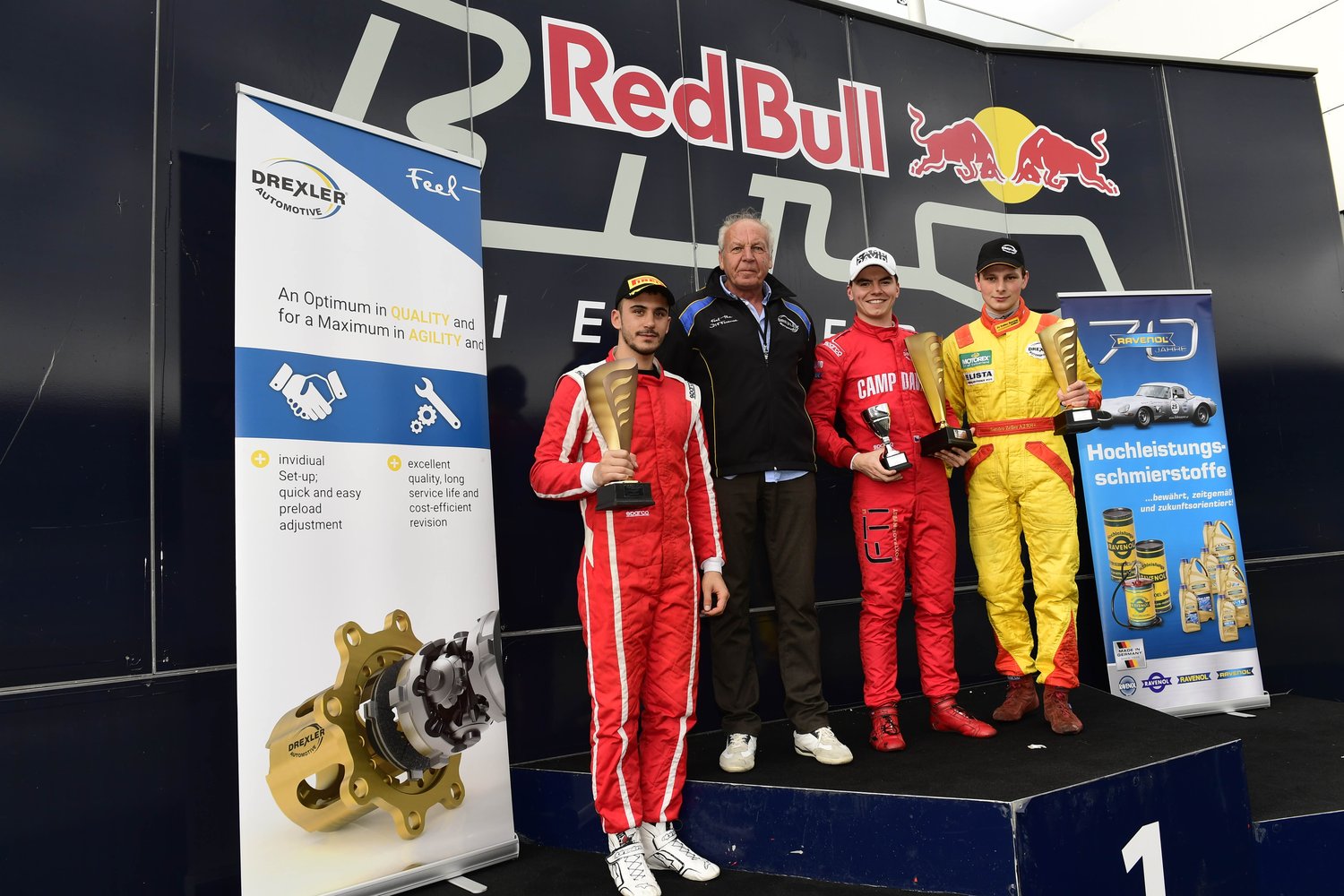 Tom Beckhäuser on the podium with fellow drivers at the Red Bull Ring
